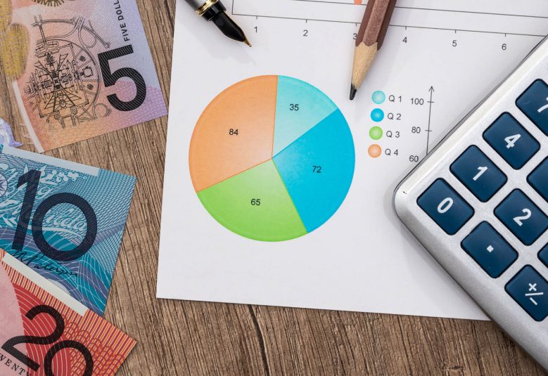 Money, a pie chart and a calculator on a desk