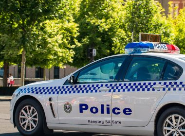 A police officer stands next to a police car