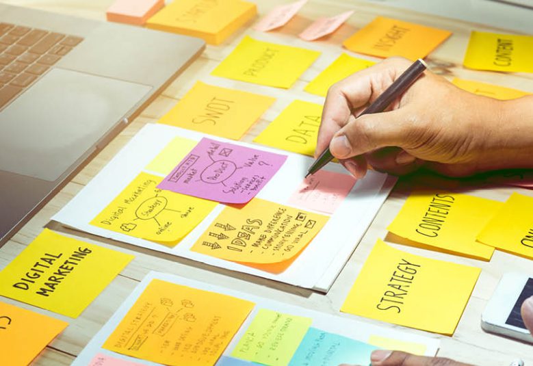 Desk covered with post-it notes