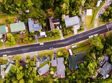 Aerial view of a residential street