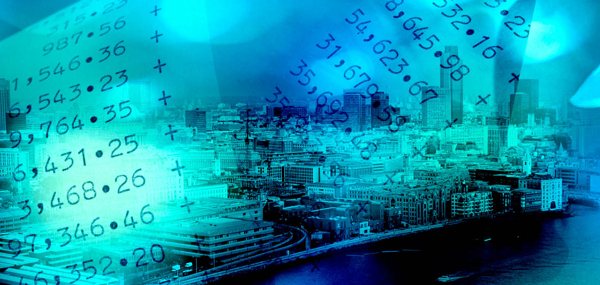Bank account figures superimposed over a city skyline