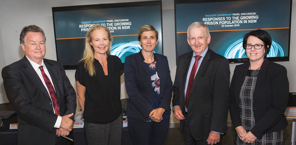 From left, Assistant Commissioner Luke Grant of Corrective Services, Sarah Hopkins of Just Reinvest NSW, Melanie Hawyes, Director of Juvenile Justice, the Drug Court’s Judge Roger Dive, and Carolyn Jones of Women’s Legal Service at the Law Society Thought Leadership event on prison populations.