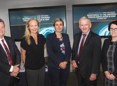 From left, Assistant Commissioner Luke Grant of Corrective Services, Sarah Hopkins of Just Reinvest NSW, Melanie Hawyes, Director of Juvenile Justice, the Drug Court’s Judge Roger Dive, and Carolyn Jones of Women’s Legal Service at the Law Society Thought Leadership event on prison populations.