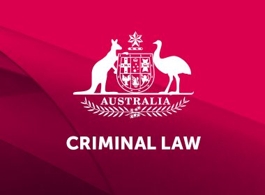 Legal updates Criminal law logo - Australian coat of arms on a pink background with the words Criminal Law