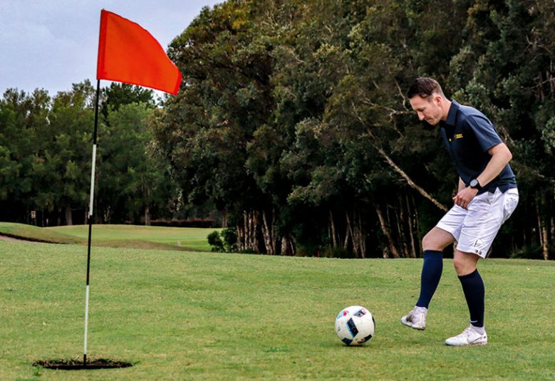 Australian FootGolf Champion Josh Ackland on the green.