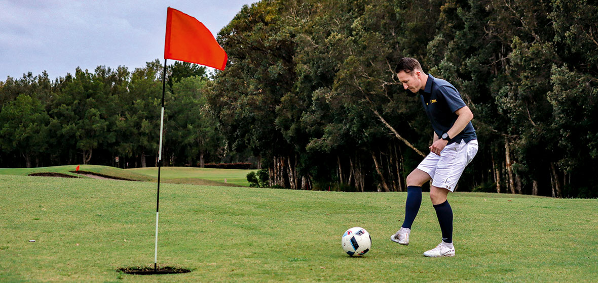 Australian FootGolf Champion Josh Ackland on the green.