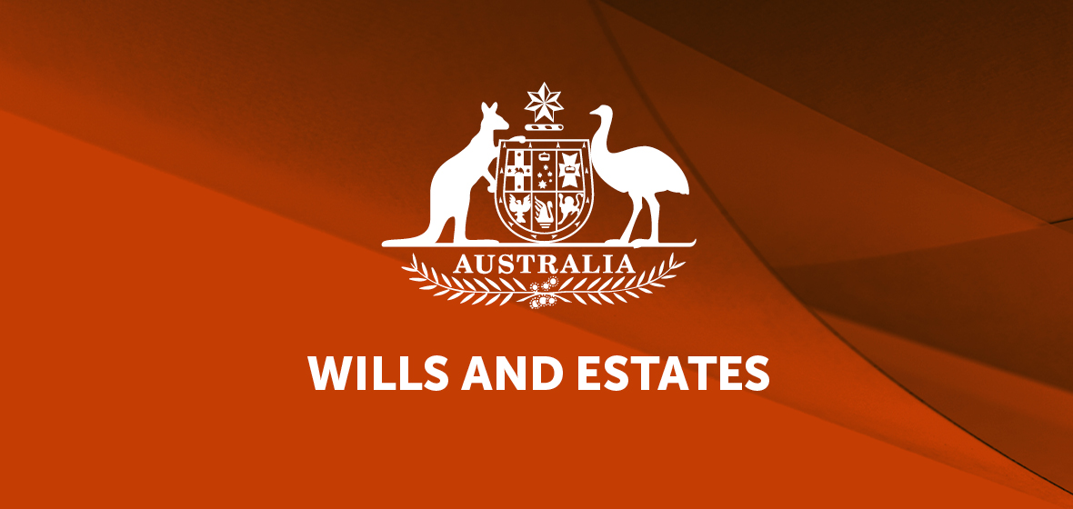 Australian coat of arms with 'Wills and Estate's written underneath, on a red background