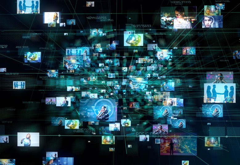 Multiple digital screens showing images of people