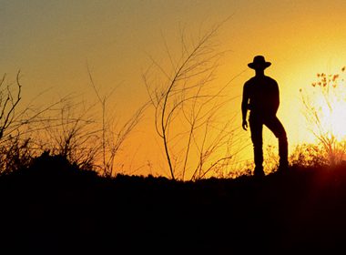 Silhouette of a farmer in a field at sunrise