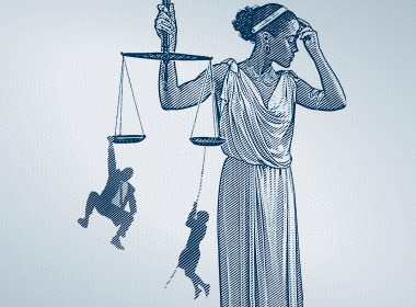 Illustration of Lady Justice holding scales with a person hanging from each side