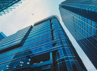 Exterior of glass office buildings in a city