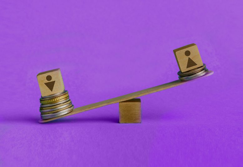 Image of unbalanced scale on purple background