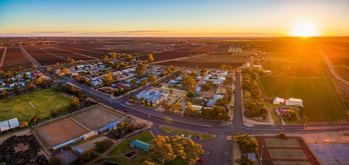 Aerial panorama of Monash - small town in South Australia at sunset