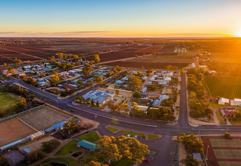 Aerial panorama of Monash - small town in South Australia at sunset