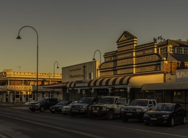 Cobar, Historic Shopfronts and Great Western Hotel at twilight