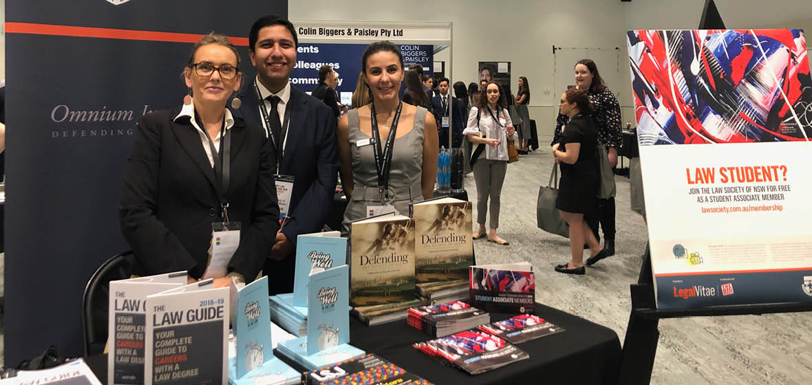 Representatives from the Law Society of NSW man a stall at the 2019 Law Careers Fair.