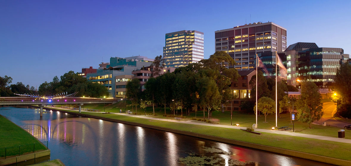 City skyline with a river in the foreground