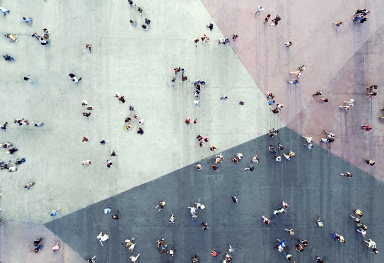 aerial photograph of people walking