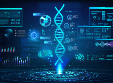 picture showing images from genetic testing, such as DNA chains and x-ray images of the body