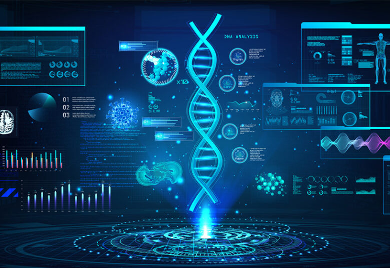 picture showing images from genetic testing, such as DNA chains and x-ray images of the body