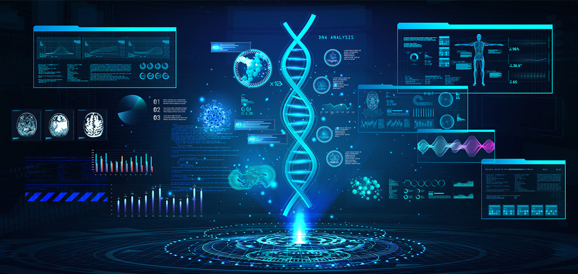 picture showing images from genetic testing, such as DNA chains and x-ray images of the body